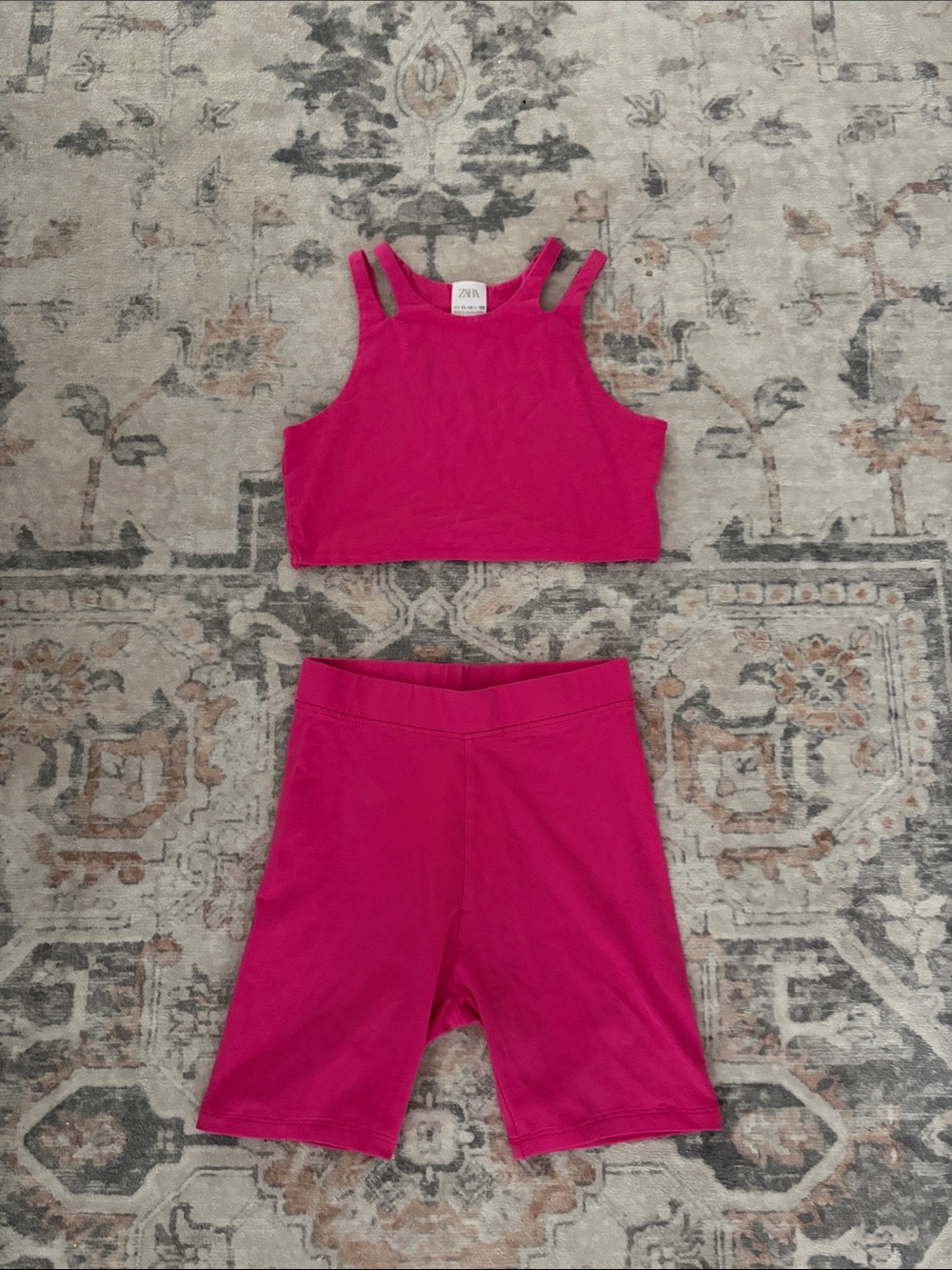 Zara Kids Hot Pink Double-Strap Crop Top & Biker Shorts Set (Girls)